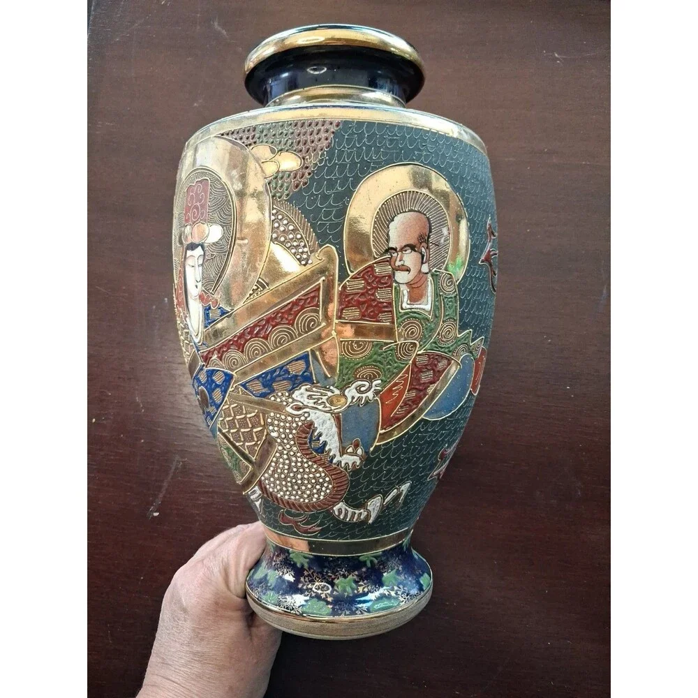 Japanese Satsuma Style Hand-Painted Vase with Figures and Gold Accents